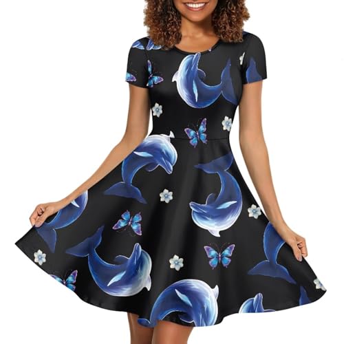 Image of HUGS IDEA Womens Puffy Swing Midi Dress Round Neck Short Sleeve Party A-Line Dresses