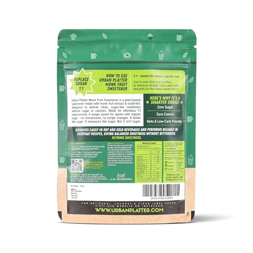 Image of Urban Platter Monk Fruit Sweetener, 200g (Zero Calorie, Keto & Diabetic-Friendly, 1:1 Sugar Replacement, No Aftertaste, Monk Fruit + Erythritol Blend)