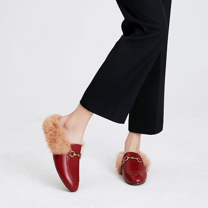 Vertundy Fur Mules with Matal Buckle Slip On Flats for Women Backless Sandals Dress Shoes Work Slides - Image 4