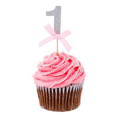 Top Cake 3.5 x 1.5 Inch Cupcake Toppers, 10 Glitter Number 1 Cake Toppers - With Bow, For Parties, Anniversaries, Or Baby Showers, Silver Paper Birthday Cake Toppers, Dessert And Pastry Decorations