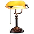 TORCHSTAR Bankers Desk Lamp with Pull Chain Switch, Amber Glass Shade Desk Lamps, Bronze Base, UL Listed, E26 Base, Vintage Library Lamp for Office, Study Room(Matted Orange)