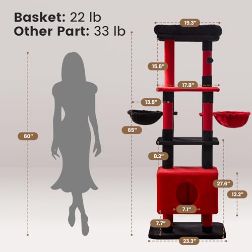 Image of Gardner Pet 65in Heavy Duty Cat Tree Tower for Large Cats, Multi-Level Cat Furniture with Replaceable Sisal Scratching Post, Hammock | Extra-Large Platform & Condo (Black Red, Basic φ:2.84 inch)