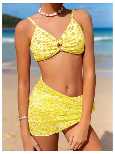 Image of OYOANGLE Girl's 3 Piece Bikini Sets Floral Print Spaghetti Straps Cute Swimsuits with Beach Skirt Bathing Suits