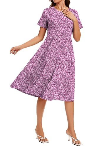 Image of Womens Summer Short Sleeve Crew Neck Midi Dress 2026 Casual Fit Flowy Tiered Beach Vacation Sundress with Pockets