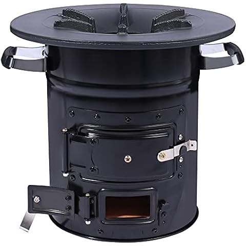 Lineslife Rocket Stove Wood Burning Portable for Backpacking, Charcoal Camping Stove with Handle and Carry Bag for Ourdoor, Cooking, BBQ, RV, Survival, Black Two Doors with 12.6" Stove Top Cover