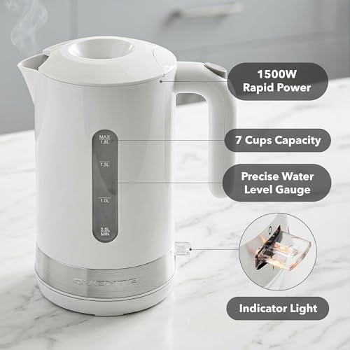 Image of OVENTE 1.8L Electric Kettle, BPA-Free with Easy-Fill Lid, White KP413W | 1500W Fast Boiling Water Heater, Auto Shut-Off, Boil-Dry Protection, 360 Swivel Base, Clear-View Window, Removable Filter