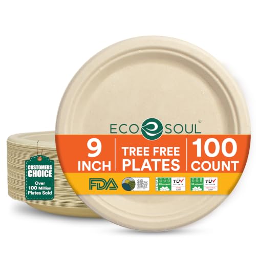ECO SOUL 9 Inch Disposable Bagasse Paper Plates (100 Pack Round)