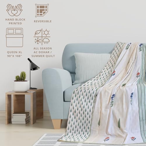 Image of TOAIArt Premium Jaipuri Dohar | AC Blanket Summer Quilt | Hand Block Printed | 3 Layers | Reversible | 150GSM 100% Mulmul Cotton | 100% Cotton Flannel Filling | Queen 90 inch X 108 inch |Floral Panel