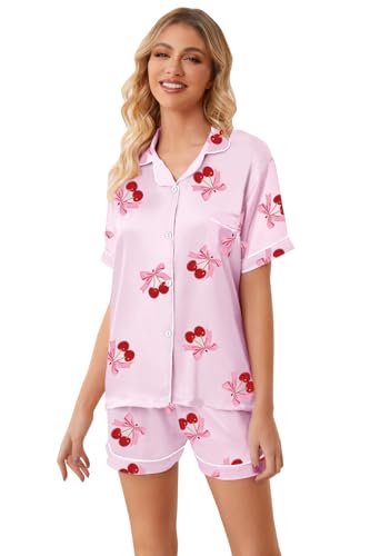 Image of Umeyda Women & Girls Pajamas Set, Soft Satin Lightweight Silk Button-Down Top with Shorts 2 Piece PJS for Mom Boys Kids Gifts
