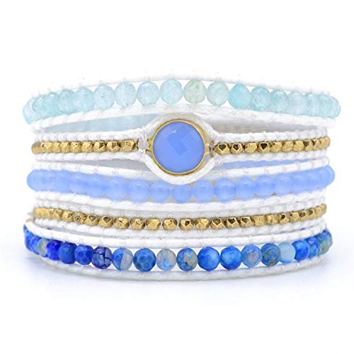 AOSUAI Boho Aquamarine Bracelet Non-Leather Vintage Bracelet Natural Stone 5-Strand Wrap Bracelet (Metal Color : Blue)