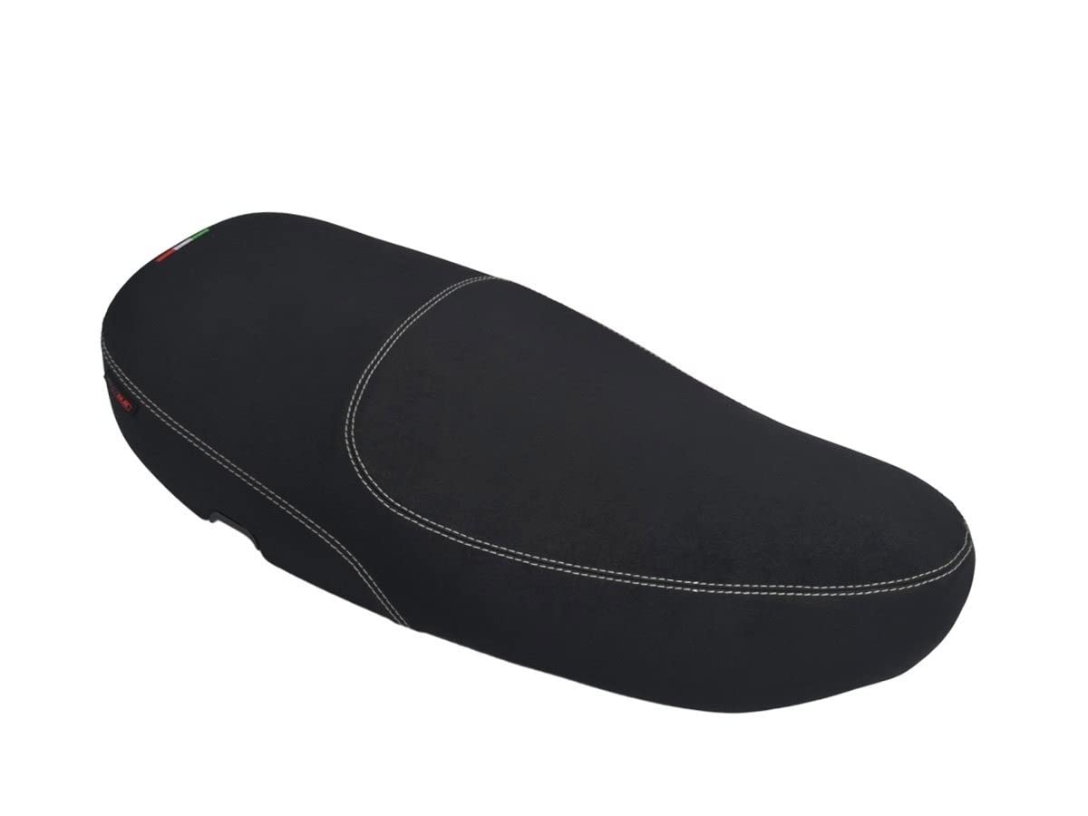 Funda de Asiento Compatible con Piaggio Vespa LX 125/150 2012-2016 Color Negro con Costuras Blancas (B)