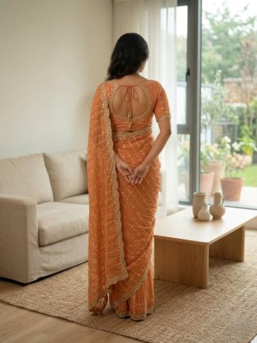 Image of RADHA Women's Embroidery Work Saree with Designer Border for Festive and Traditional Ethnic Drape Saree with Detailed Thread Style Pattern and Elegant Occasion Look