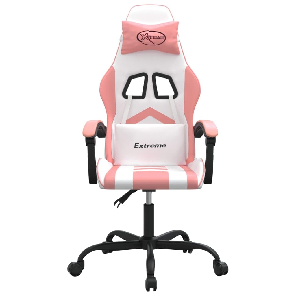 Gaming-Stuhl Weiß Rosa Kunstleder mit Wippfunktion und Lenden Nacken Kissen Ergonomisch, Drehbar, Verstellbare Rückenlehne, Fußstütze, für Homeoffice, Jugend, PC, Esport, bequem