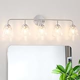 Vintage Vanity Light for Bathroom, Elegant Bathroom Vanity Light with Flower Glass Shade, Brushed Nickel 5-Light Bathroom Lighting Fixtures over Mirror, Wall Sconce Lighting for Bedroom, Living Room