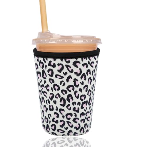 Image of Reusable Insulated Sleeve for Iced Coffee Cup, Coffee Neoprene Sleeve for Cold & Hot Drinks, Beverage Holder for Iced Coffee (Blush Leopard, Small: 16-18oz)