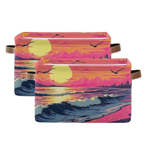 PaChyLuu Sunset Beach Seagulls Storage Basket Bin Canvas Fabric Organizer Toys Basket with Handles for Home Office Nursery, Clothes, Gifts, 2 Pcs