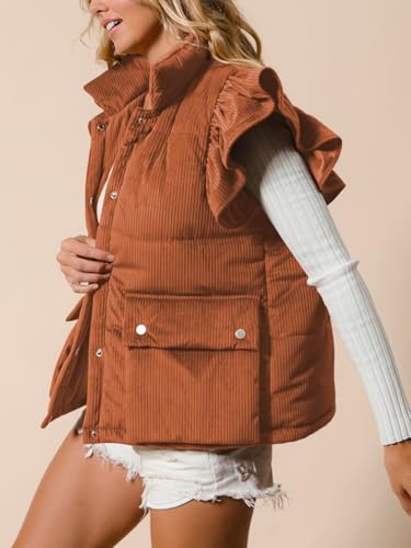 Womens Corduroy Puffer Vest Ruffle Sleeve Winter Snap Button Coats Padded Gilet with Flap Pockets3