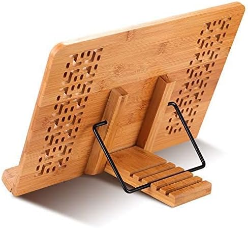 SUNFICON Large Book Stand Holder Stand Bamboo Cookbook Holder Home Office Reading Rest Textbook Recipe Music Document Tablet Display Stand Collapsible Adjustable Tray Family Friends Students Gift Idea