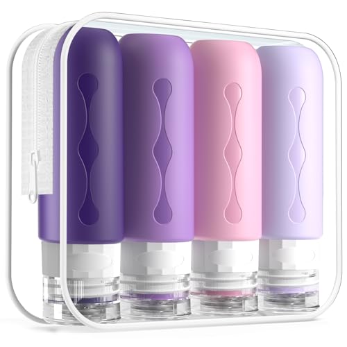 Gemice Silikon Reiseflaschen 90ml Set, 4 Stück auslaufsichere Reise Container und Reise Toilettenartikel Set, FDA zugelassene nachfüllbare Flüssigkeitsbehälter für Shampoo Creme Spülung Körperpflege