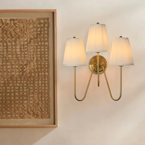 Image of Electro bp; Elegant Triple Sconce Polished Gold Curved Metal Arm with Warm White Pleated Fabric Lamp Shades Brocade Cover Wall Light Fixture,E12,3 Sockets,120W,Hardwired;