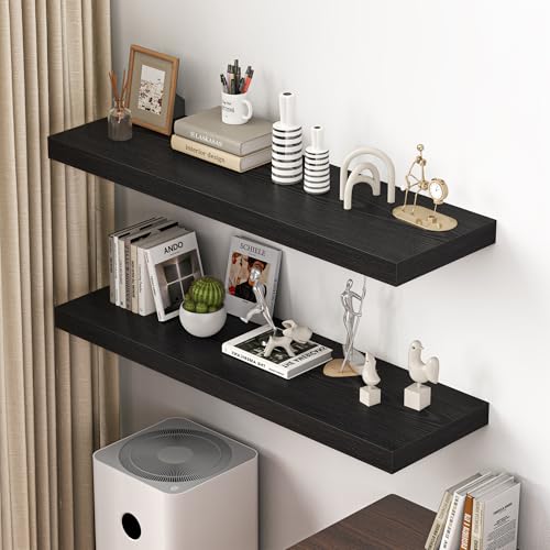 Image of Dreamland 48 inch Floating Shelves for Wall, 12 inch Deep Thicker Black Floating Shelves, Wall-Mounted Shelves for Bedroom, Living Room, Kitchen, Bathroom - Set of 2