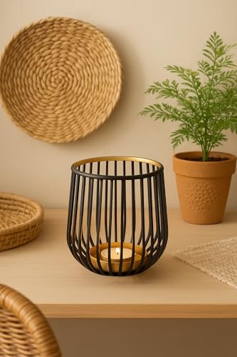 Image of The Purple Tree Decorative Metal Candle Holder for Home Decor - Modern Black & Gold Tealight Holder for Table Centerpiece | Diwali, Festive & Everyday Use | Elegant Iron Cage Votive Holder