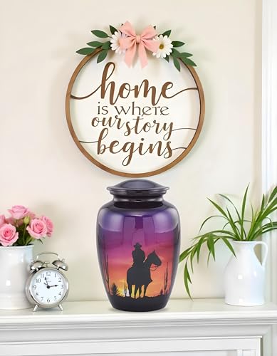 Image of Cowboy Cremation Urn for Human Ashes - Western Sunset Horse & Rider Urn - Beautiful Adult Funeral & Memorial Urn up to 210 lbs with Velvet Bag (Large)