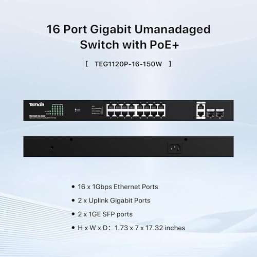 Image of Tenda TEG1120P 18GE+2SFP Ethernet Switch with 16-Port PoE-150W, Compatible with IEEE 802.3af /at Devices, Unmanaged Gigabit Switch with 16 Port PoE+@135W, 2 Uplink RJ45 Ports & 2 SFP Ports