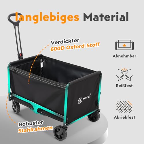 Bollerwagen faltbar 120L Bis 120KG Strandwagen Klappbar mit Regenschutz, Becherhalter, Reflektorstreifen, Faltbarer Bollerwagen Für Hunde, Einkaufen, Camping, Strand, Transport, Outdoor