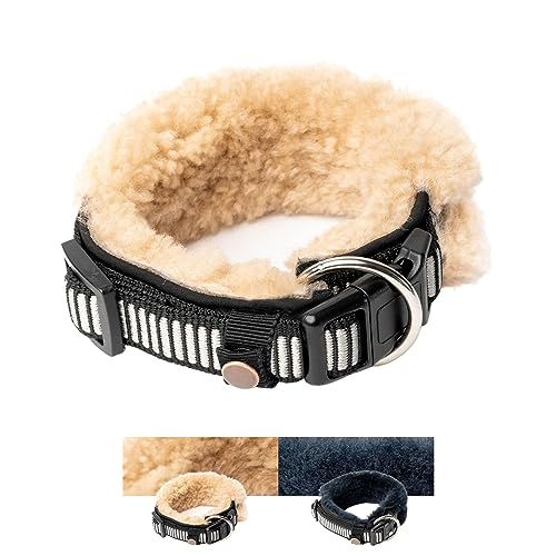 Chris innovatives Hundehalsband aus Lammwolle, Halsband vermindert erheblich Haarbruch, gepolstert, reflektierend, verstellbar, für kleine mittel große Hunde in M (35-45cm)