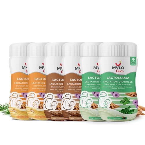 Image of Mylo Lactomama Granules - Lactation Supplement for breastfeeding with Shatavari to Increase Breast Milk 300 g each | With Herbs like Moringa, Sowa & 5 Others | 2 Scoops per Serving (Pack of 6, Elaichi & Chocolate & Kesar Badam)