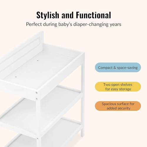 Image of Dream On Me Avery Baby Changing Table with Storage, New Zealand Pinewood, BSA Safety Certified, 2 Open Shelves, Water-Based Finish, Compact Space-Saving Nursery Design, White
