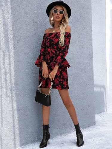 Image of Off Shoulder Ruffle Dress for Women, A-Line Mini Dress with Belt, Fitted Bust Summer Wedding Guest Dress