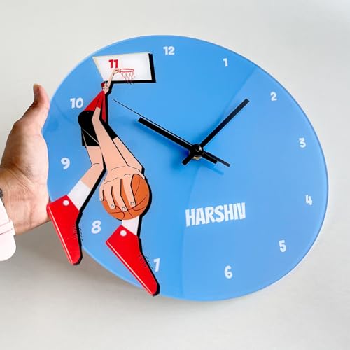Image of Zooboo Personalized Analog Wall Clock, Custom Name Acrylic Silent Quartz Movement Wall Clock with Sleek Modern Design, Ideal for Birthdays (Design - Basketball Fever Boy), 30x30 cm, Multicolor