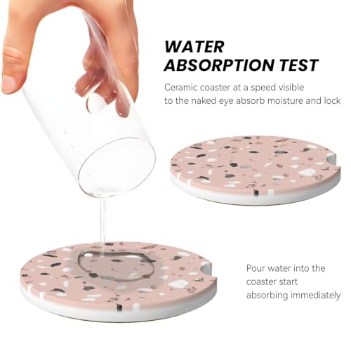 Image of Pink Terrazzo Car Coasters for Cup Holder Absorbent Ceramic Cup Coaster 2 Pack Anti Slip Car Interior Accessories with Finger Notch Cork Base for Women Men 2.56 inch