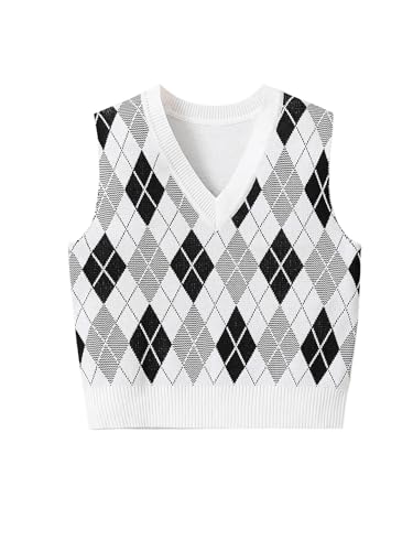 Milumia Girl's Heart Geo Argyle V Neck Sweater Vest Sleeveless Crop Tops Knitwear