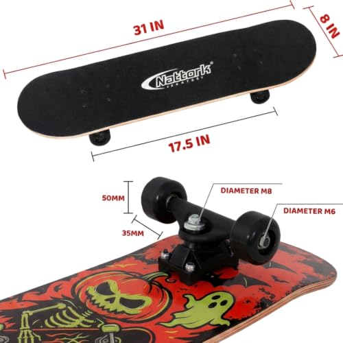 Image of Nattork 31 Inch Complete Skateboard, Standard Skateboards for Beginners, Wood 9 Layer Canadian Maple Trick Skate Boards for Boys Girls Youth Teens Adults