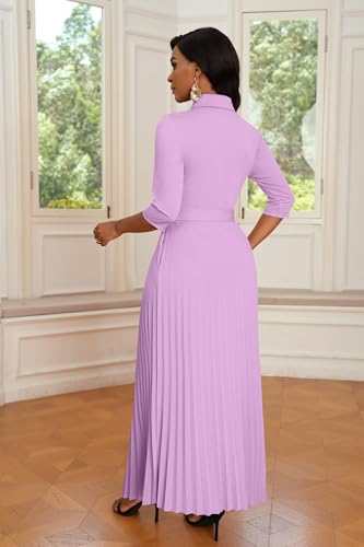 Image of Runwind Maxi Dresses for Women, 3 /4 Sleeve Botton Down Pleated Long Dress with Belt Casual Church Dress with Pockets