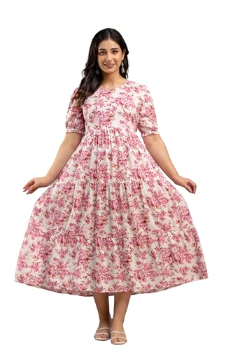 Image of Women's Rayon Anarkali Maternity Ankle Length Dress, Pregnancy Dress,Feeding Kurti,Easy Brest Feeding Dress, with Both Side 9 inch Zipper and Belt