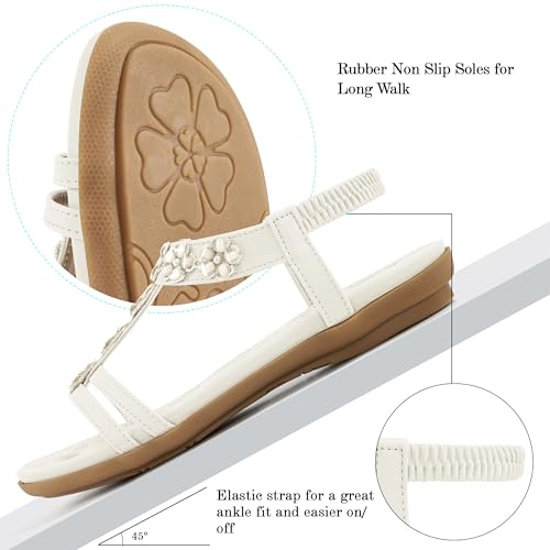 Image of HARENCE Summer Flat Sandals for Women: Comfortable Bohemian Beaded Flats Shoes Elastic Ankle Strap Casual Walking Slip On Dress Sandal