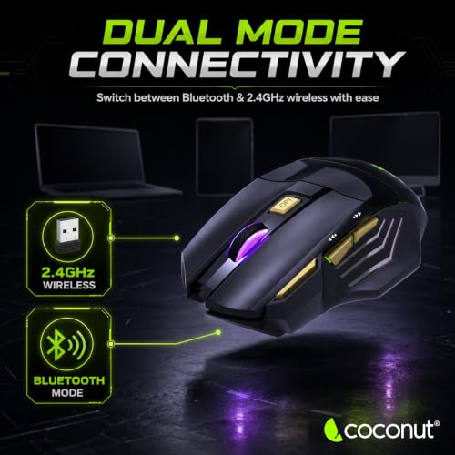 Image of coconut Gold+ Wireless Gaming Mouse Rechargeable, Bluetooth + 2.4GHz Dual Mode Multi Device Mouse, 3200 DPI, RGB LED Gaming Mouse with 7 Buttons & Fire Button, Ergonomic Mouse for Laptop PC Computer
