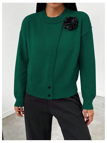 Image of MakeMeChic Women's Wrap Cardigan Sweater Flower Button Down Pullovers Tops Green Small