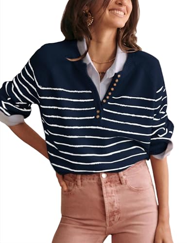 Hongsui Women's Color Block Striped Sweaters Button Up Crewneck Pullover Ribbed Knit Sweater Tops...