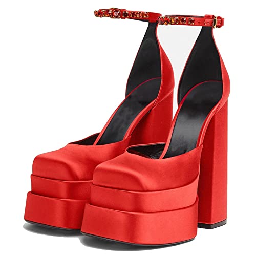 Womens Platform Chunky Heel Dress Pumps Ankle Strap Block High Heel Silk Satin Square Toe Rhinestones Heeled Pumps