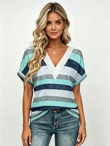 Image of T Shirts Short Sleeve V Neck Tees Womens Tops Beach Vacation Fashion Clothes 2026 Casual Summer Spring Fall Outfits
