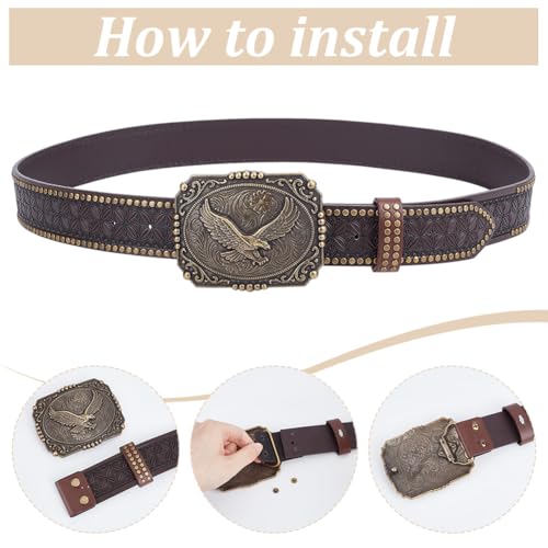 FREEBLOSS Western Cowboy Belt Double Embossed Leather Belts with Printed Engraved Buckle for Women Man Gift, Antique Tin Color 48.8" × 1.42"3