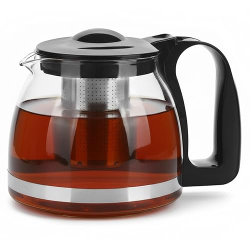 VIVIANA Teekanne Glas – Mit Edelstahl-Teesieb, Sodaglas, Schwarzer Griff, Spülmaschinenfest, für losen Tee, Tropffreier Ausguss (1250ml)