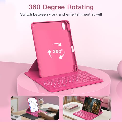 Image of RAYMCRAFT for iPad 11th(A16, 2025) /10th Generation Case with Keyboard, 360 Rotatable Case & Detachable Backlit Keyboard, Precision Cutouts and Pen Holder for iPad A16 11'' /10th 10.9'', Hot Pink