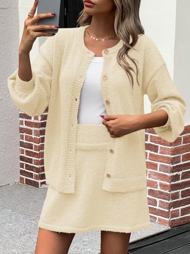 Image of Tankaneo 2 Piece Sweater Sets for Women Long Sleeve Cardigan Outfits Mini Skirts Knit Matching Lounge Set