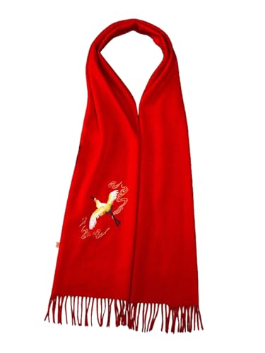 Écharpe en cachemire double face rouge à broderie grue